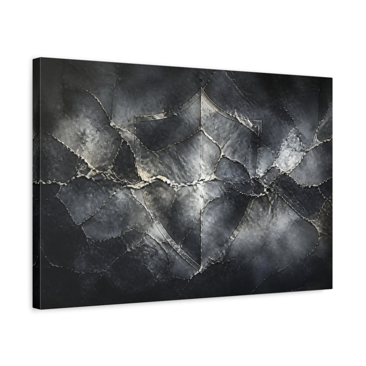 Side Mockup 3. Abstract Cracked Stone Shield shown as canvas print