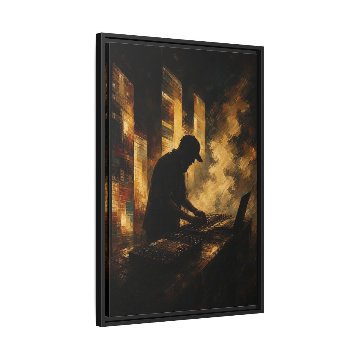 Side Mockup 14. Abstract Dj Golden Brown shown as framed canvas print