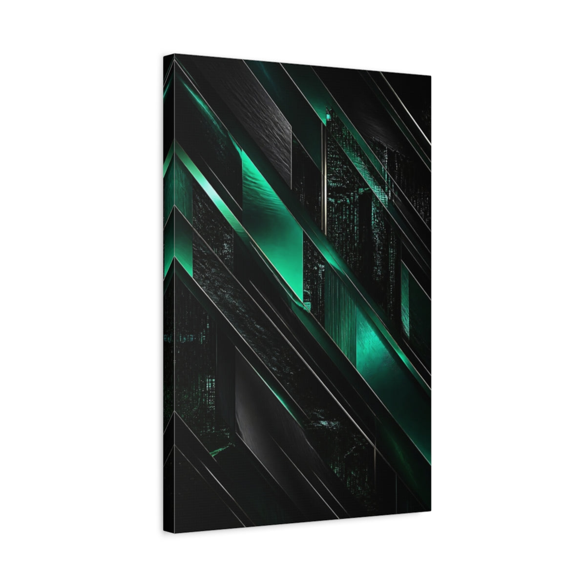 Side Mockup 3. Abstract Emerald Geometry shown as canvas print