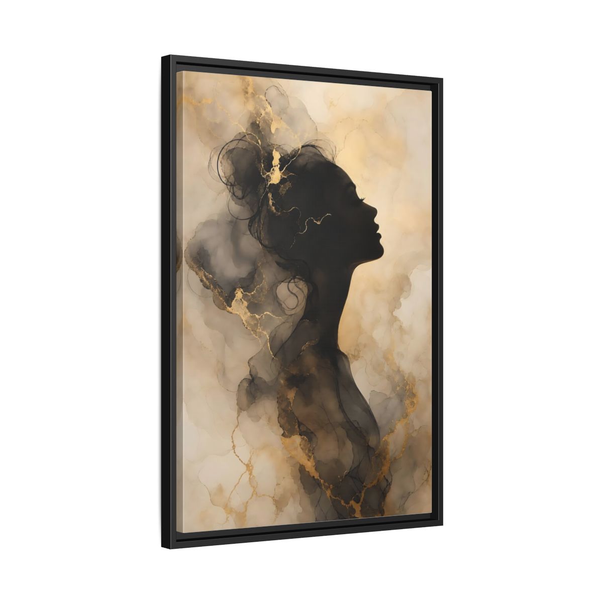 Abstract Female Silhouette Black and Gold Framed Canvas Wall Art - Living Room, Above Fireplace shown as canvas wall art