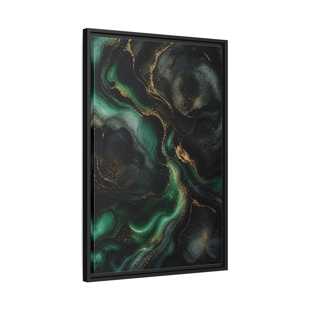Side Mockup 14. Abstract Abstract Floral Emerald Gold Abstract shown as stretched canvas wall art