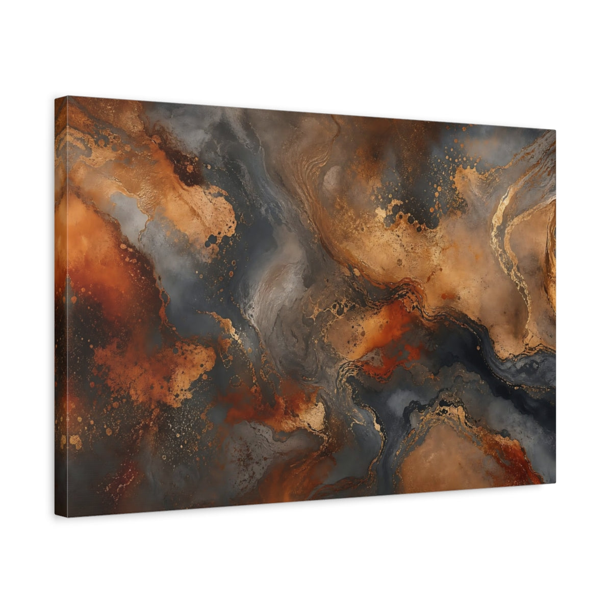 Side Mockup 3. Abstract Fluid Art Gold And Grey Abstract shown as stretched canvas wall art