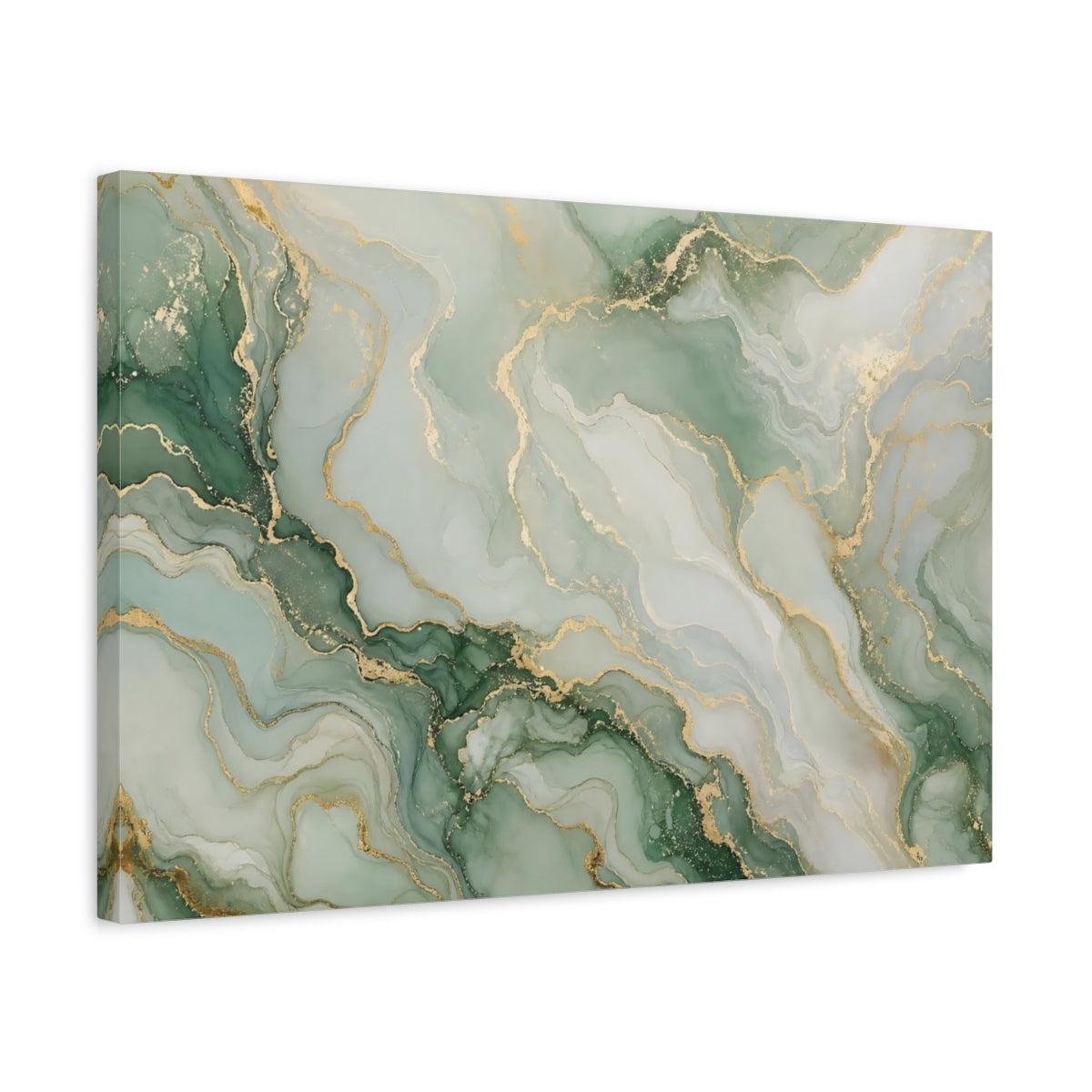 Side Mockup 3. Abstract Fluid Art Green And Gold shown as stretched canvas wall art