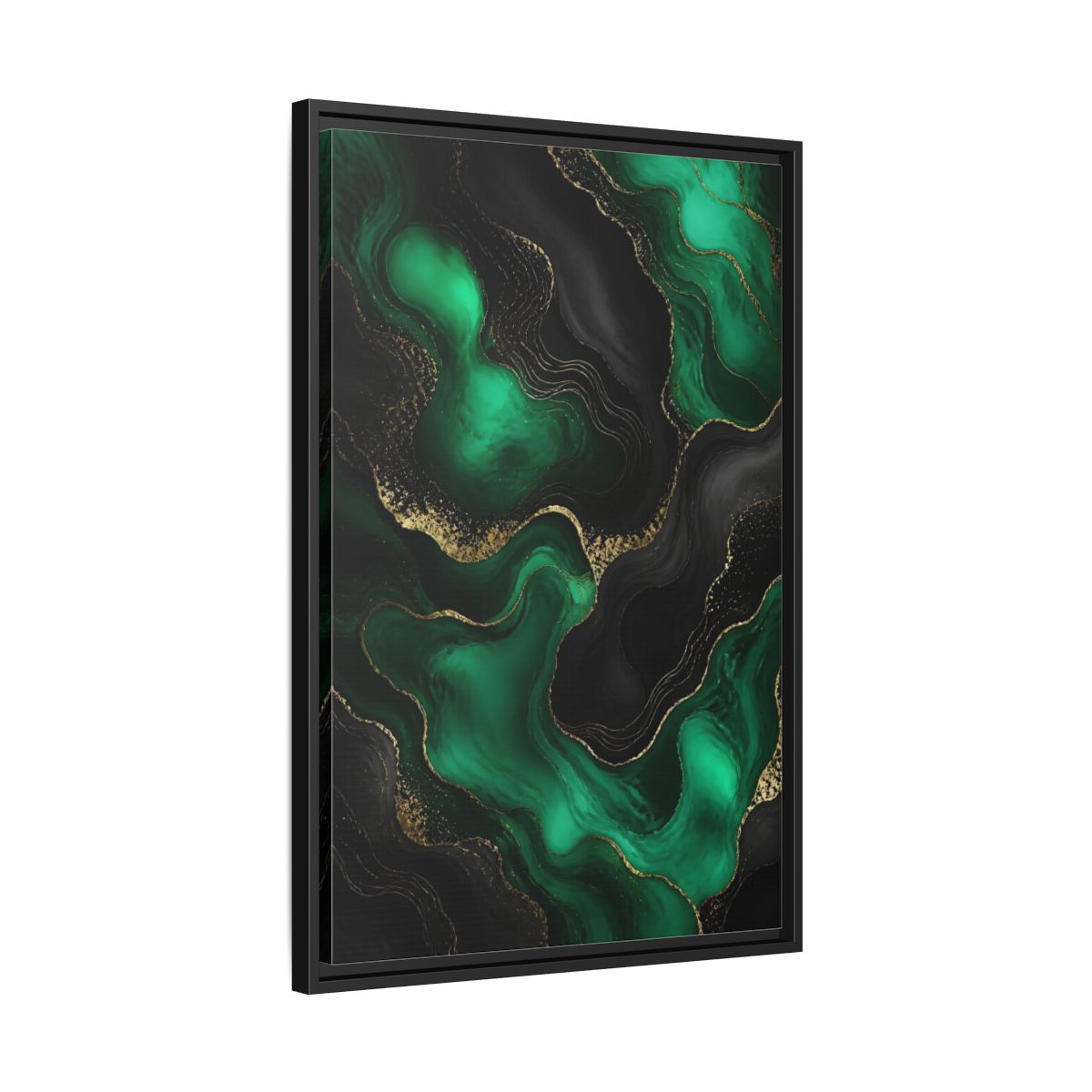 Side Mockup 14. Abstract Fluid Art Green And Gold shown as stretched canvas wall art