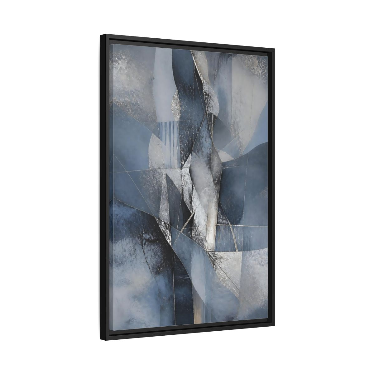Side Mockup 14. Abstract Geometric Abstract Blue And Silver shown as stretched canvas wall art