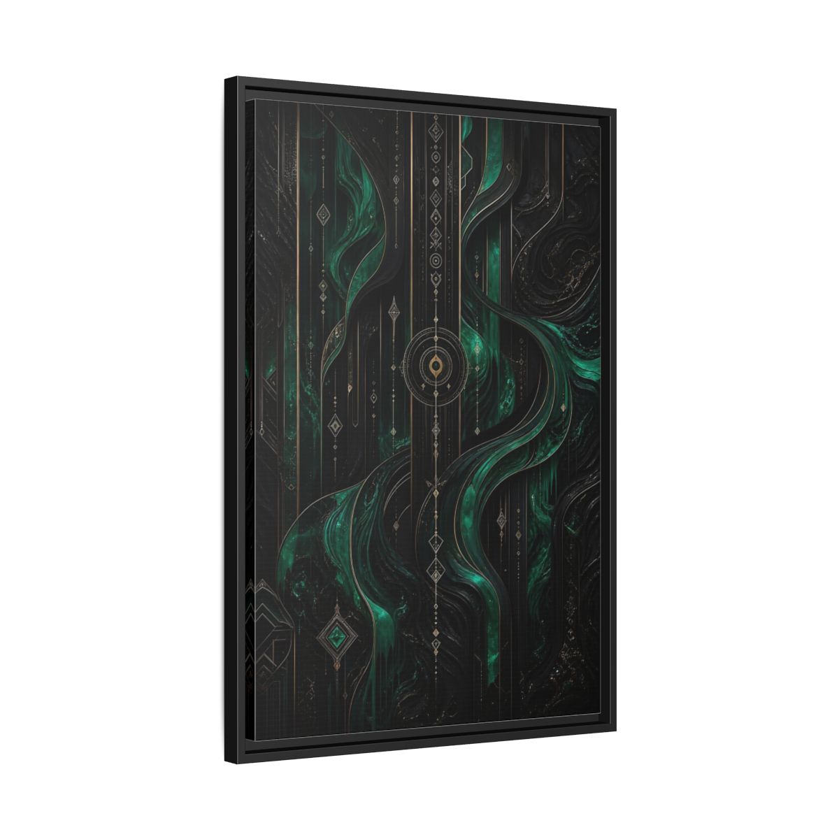 Side Mockup 14. Abstract Geometric Flow Emerald Gold Abstract shown as stretched canvas wall art