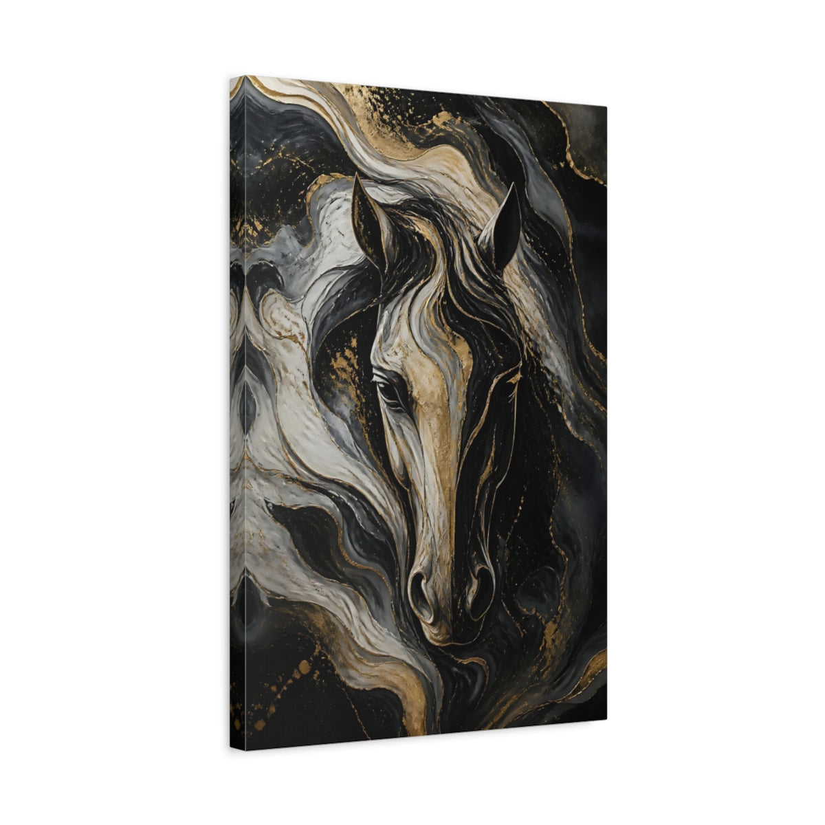 Side Mockup 3. Abstract Gold Horse Portrait shown as canvas print