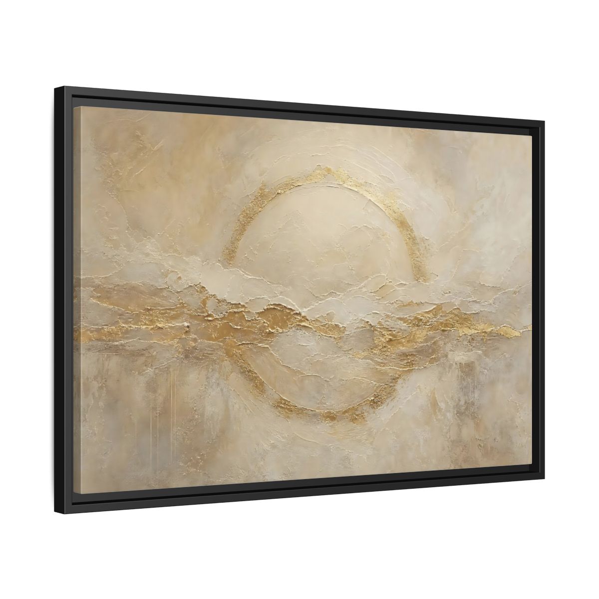 Side Mockup 14. Abstract Golden Circle Beige Gold Abstract shown as stretched canvas wall art