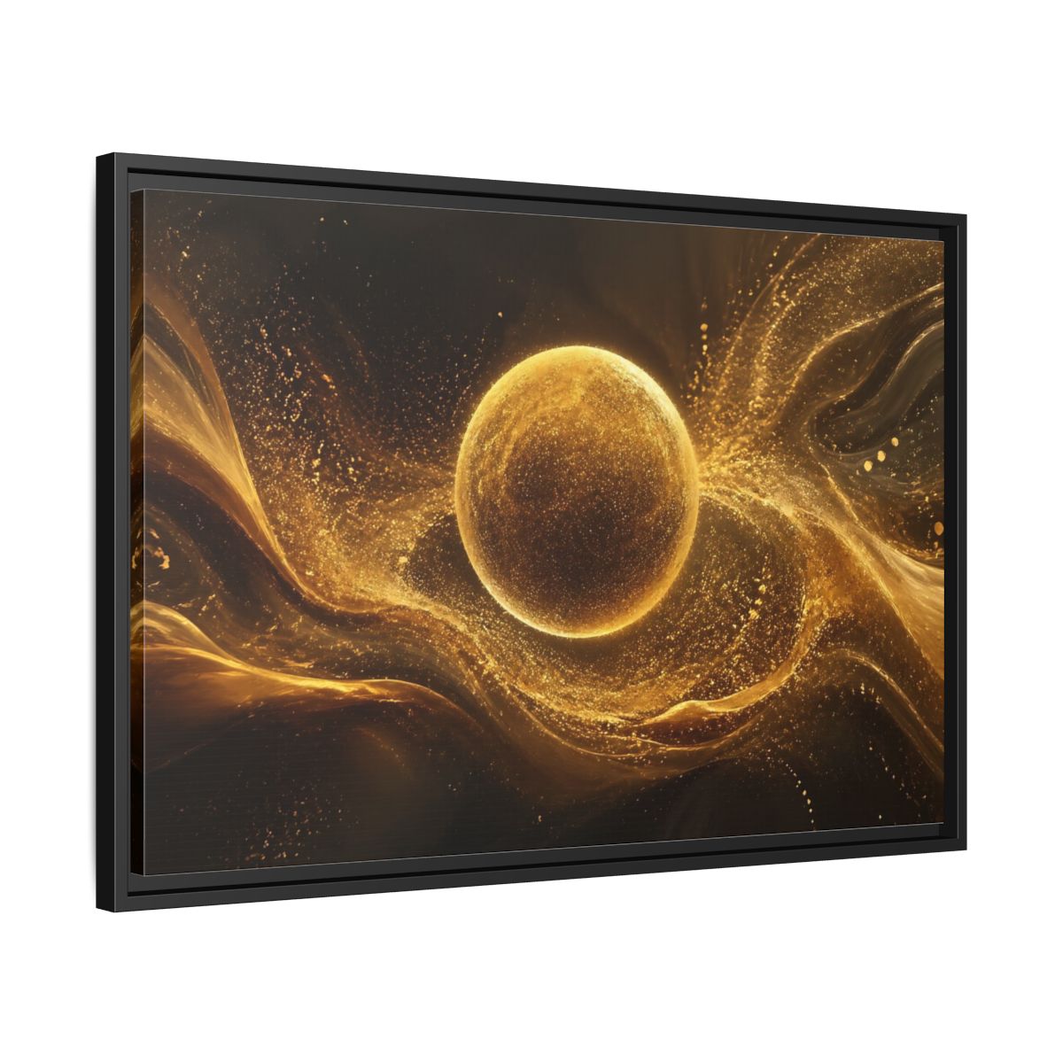 Side Mockup 14. Abstract Golden Sphere Gold Abstract shown as stretched canvas wall art