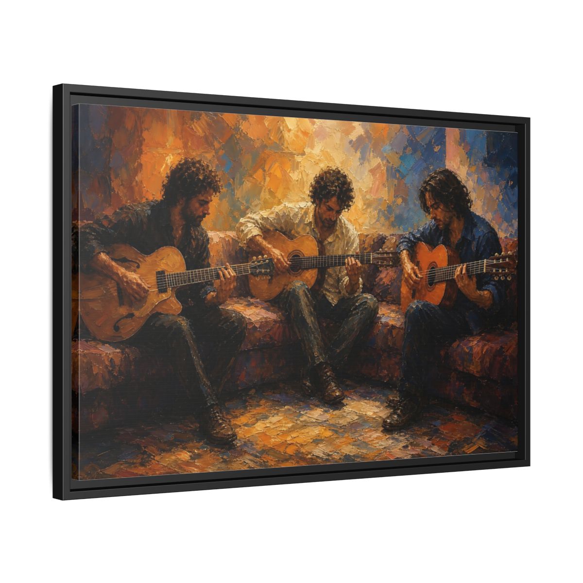 Side Mockup 14. Abstract Guitar Players Warm Toned Guitars shown as framed canvas print