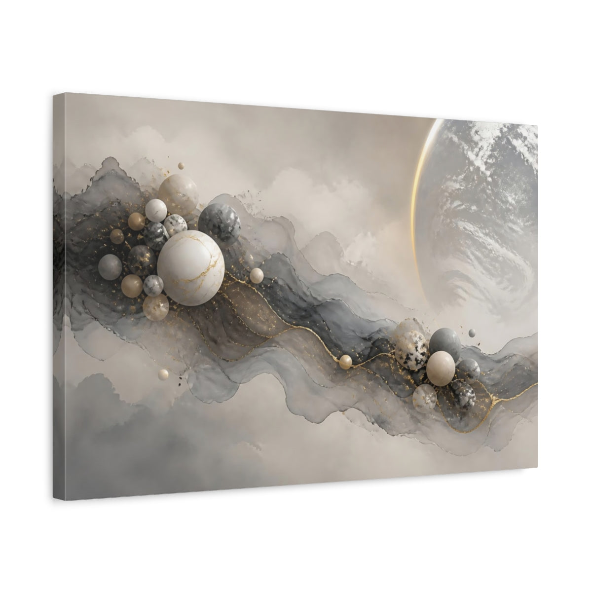 Side Mockup 3. Abstract Marble Spheres shown as canvas print