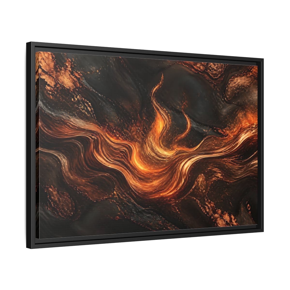 Side Mockup 14. Abstract Molten Flow Orange And Black Abstract shown as stretched canvas wall art