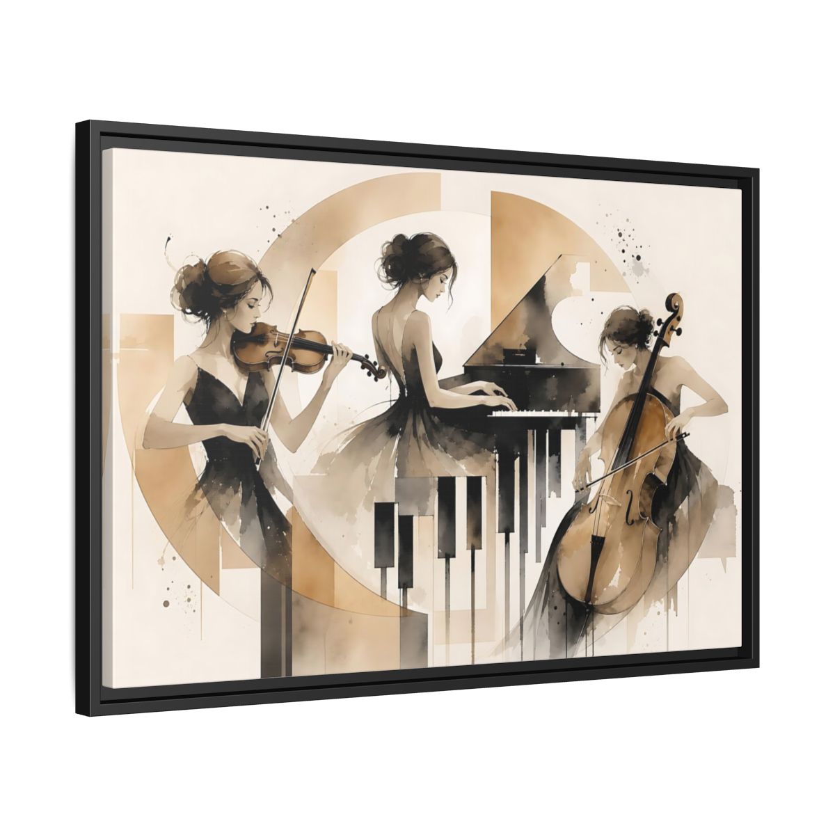 Side Mockup 14. Abstract Musicians Black And Gold shown as framed canvas print