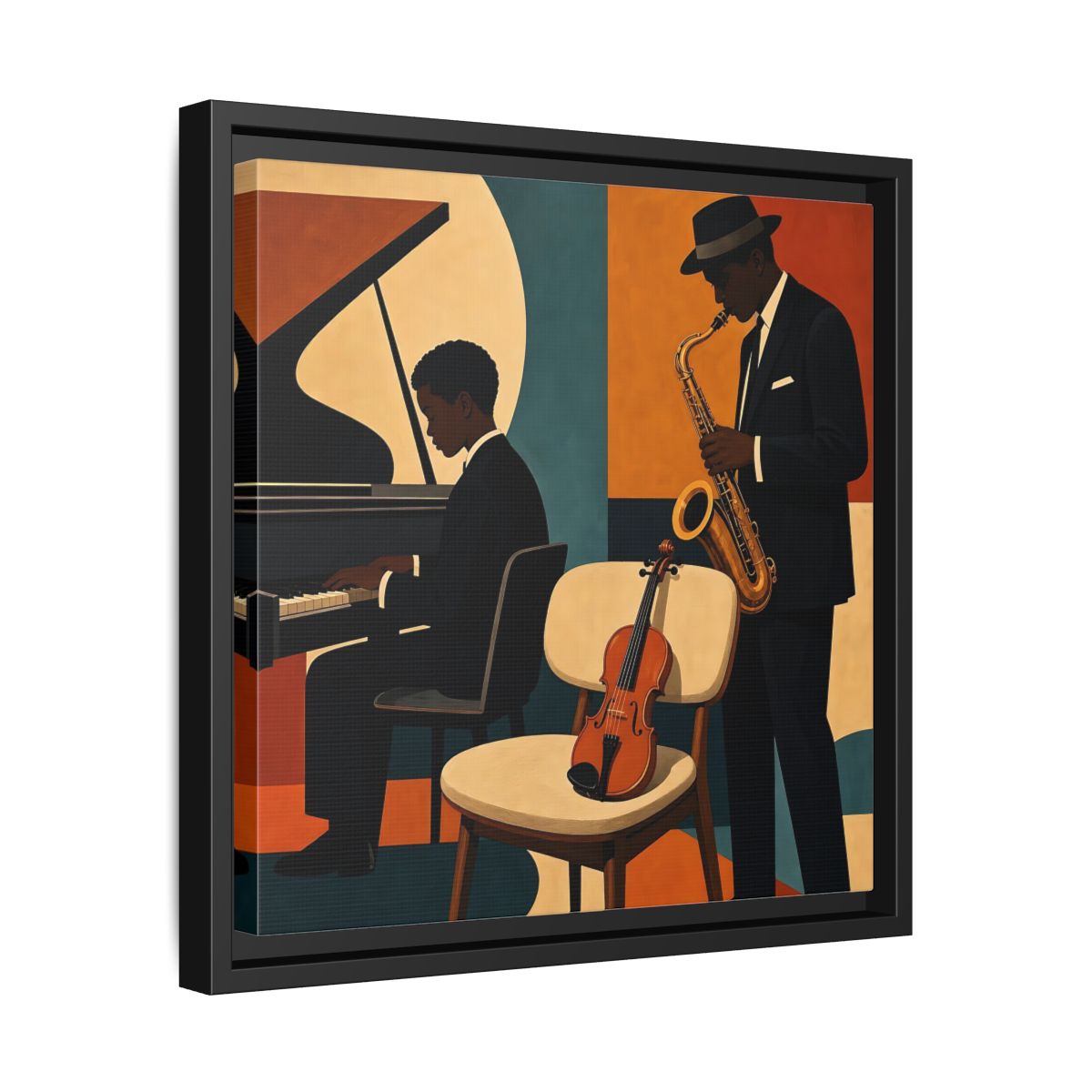 Side Mockup 32. Abstract Musicians Orange Teal Jazz shown as framed canvas print