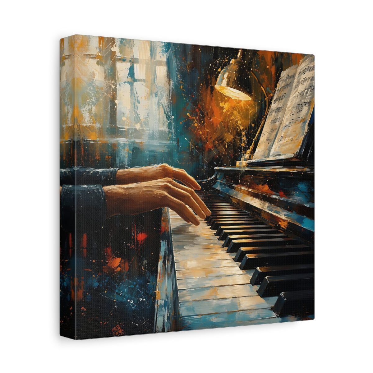Side Mockup 9. Abstract Piano Player Blue Orange Music shown as canvas print