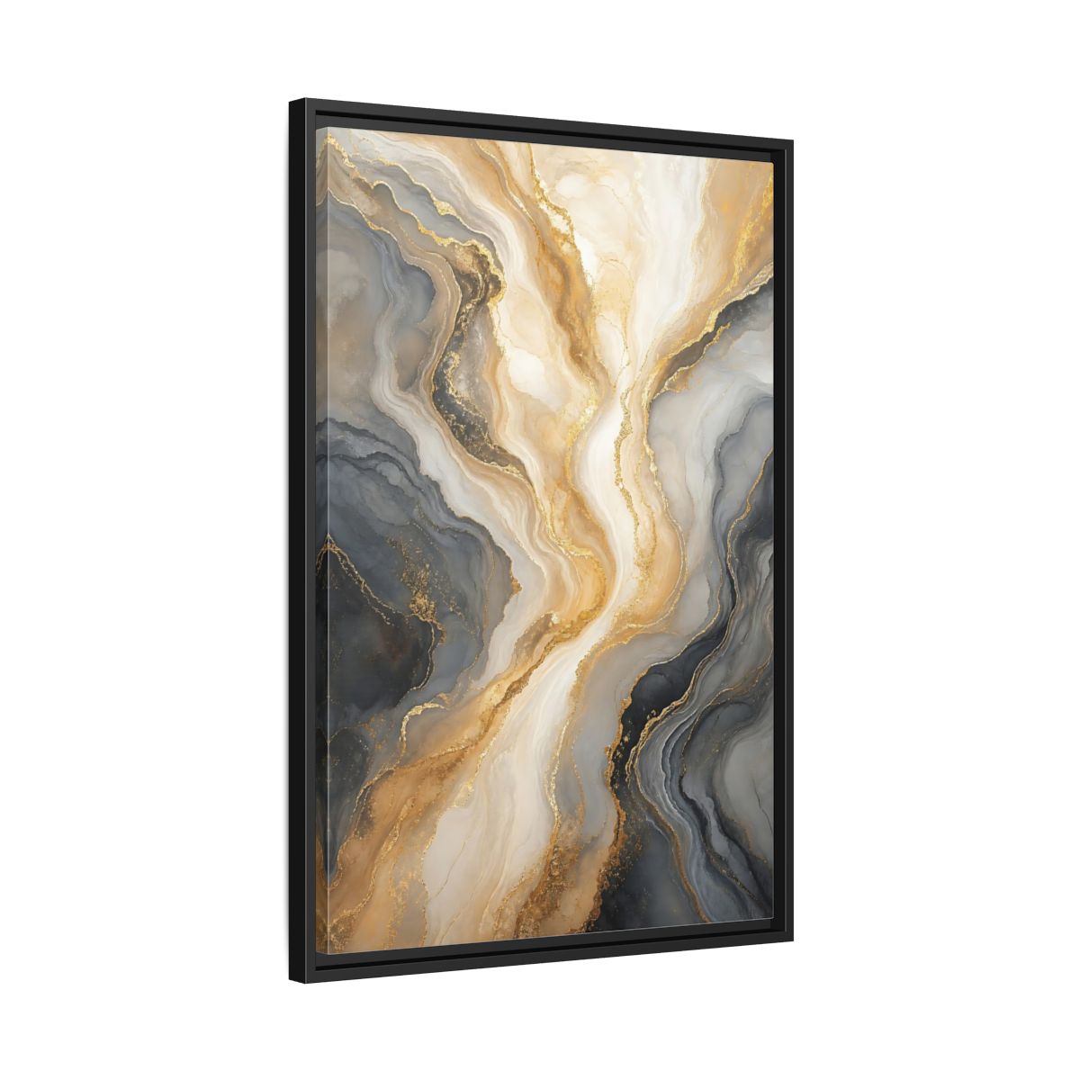 Side Mockup 14. Abstract Abstract Swirl Gray Gold Marble shown as stretched canvas wall art