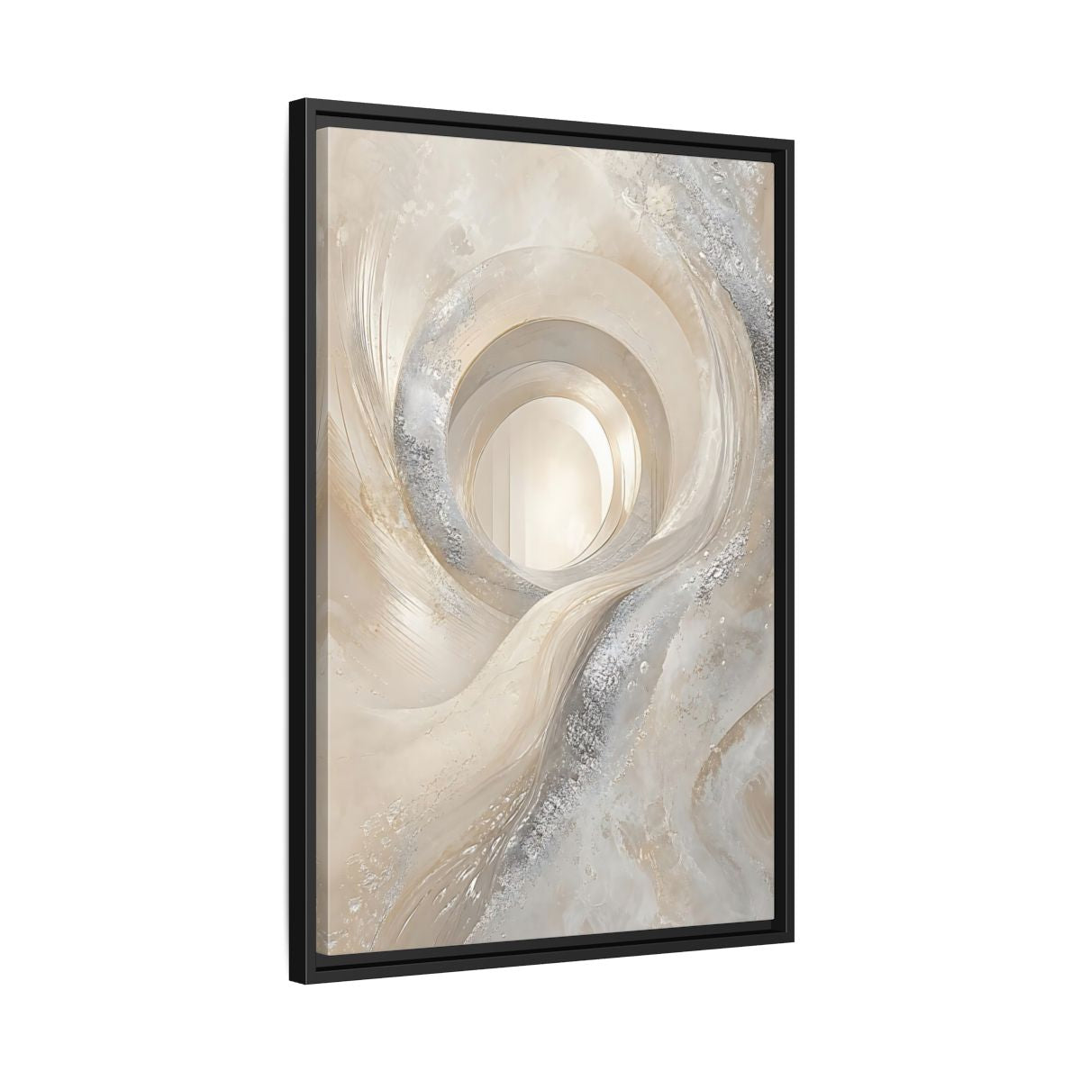 Side Mockup 14. Abstract Abstract Swirls Cream Silver Abstract shown as stretched canvas wall art