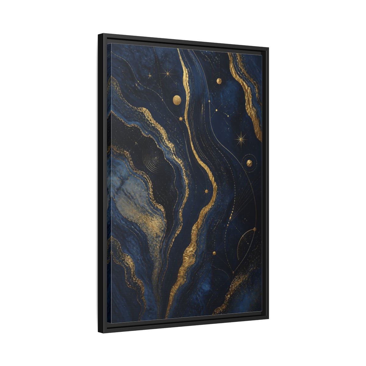 Side Mockup 14. Abstract Abstract Swirls Navy And Gold shown as stretched canvas wall art