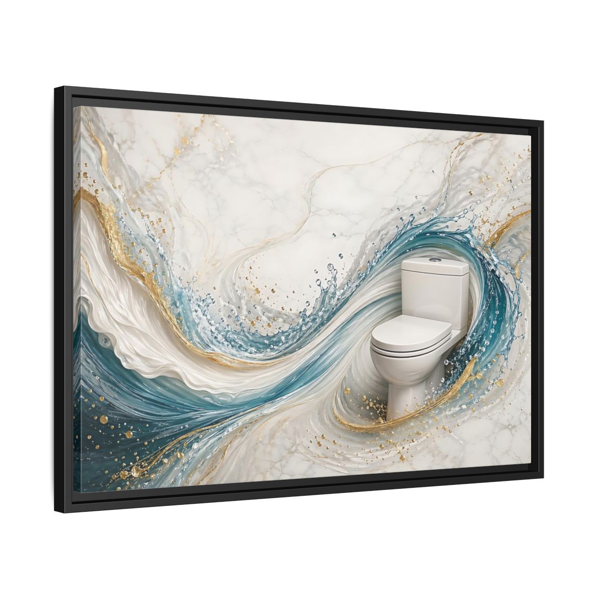 Side Mockup 14. Abstract Toilet Teal Gold Marble Art shown as stretched canvas wall art