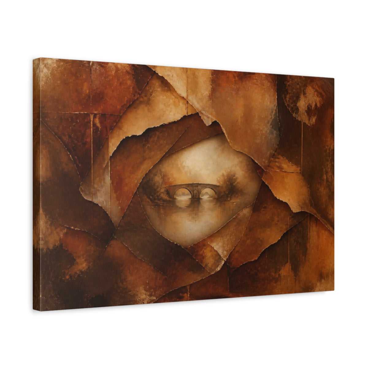 Side Mockup 3. Abstract Torn Layers Bridge shown as canvas print