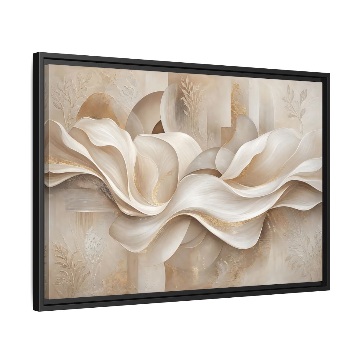 Side Mockup 14. Abstract Abstract Waves Beige Gold Abstract shown as stretched canvas wall art