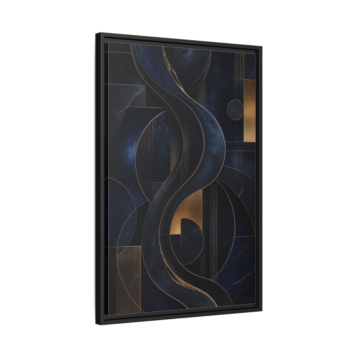 Side Mockup 14. Abstract Abstract Waves Navy Gold Abstract shown as stretched canvas wall art