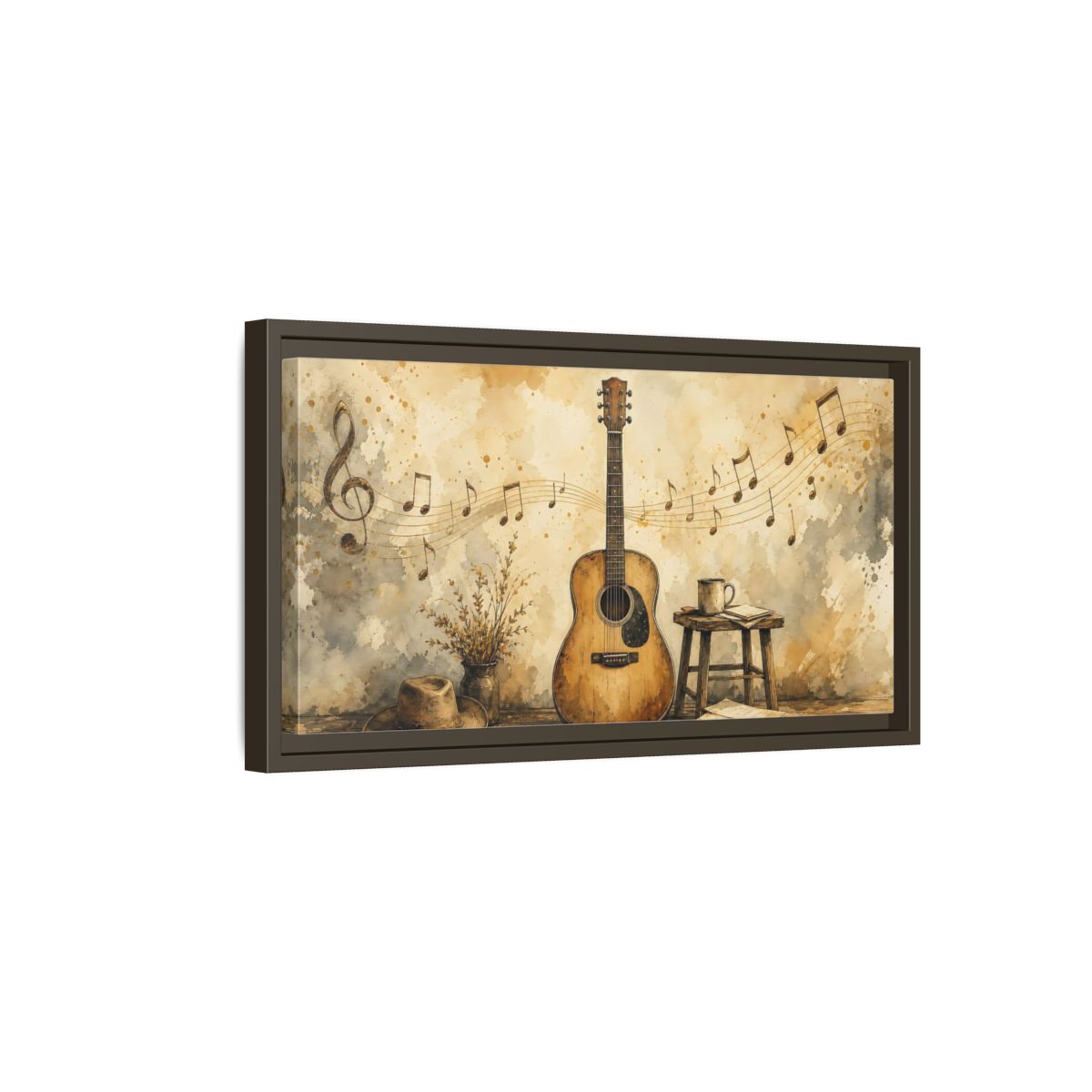 Side Mockup 7. Acoustic Guitar & Sheet Music shown as framed canvas print