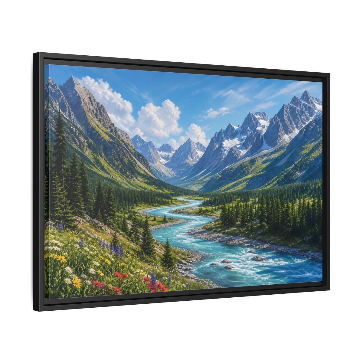 Side Mockup 14. Alpine River Valley shown as framed canvas print