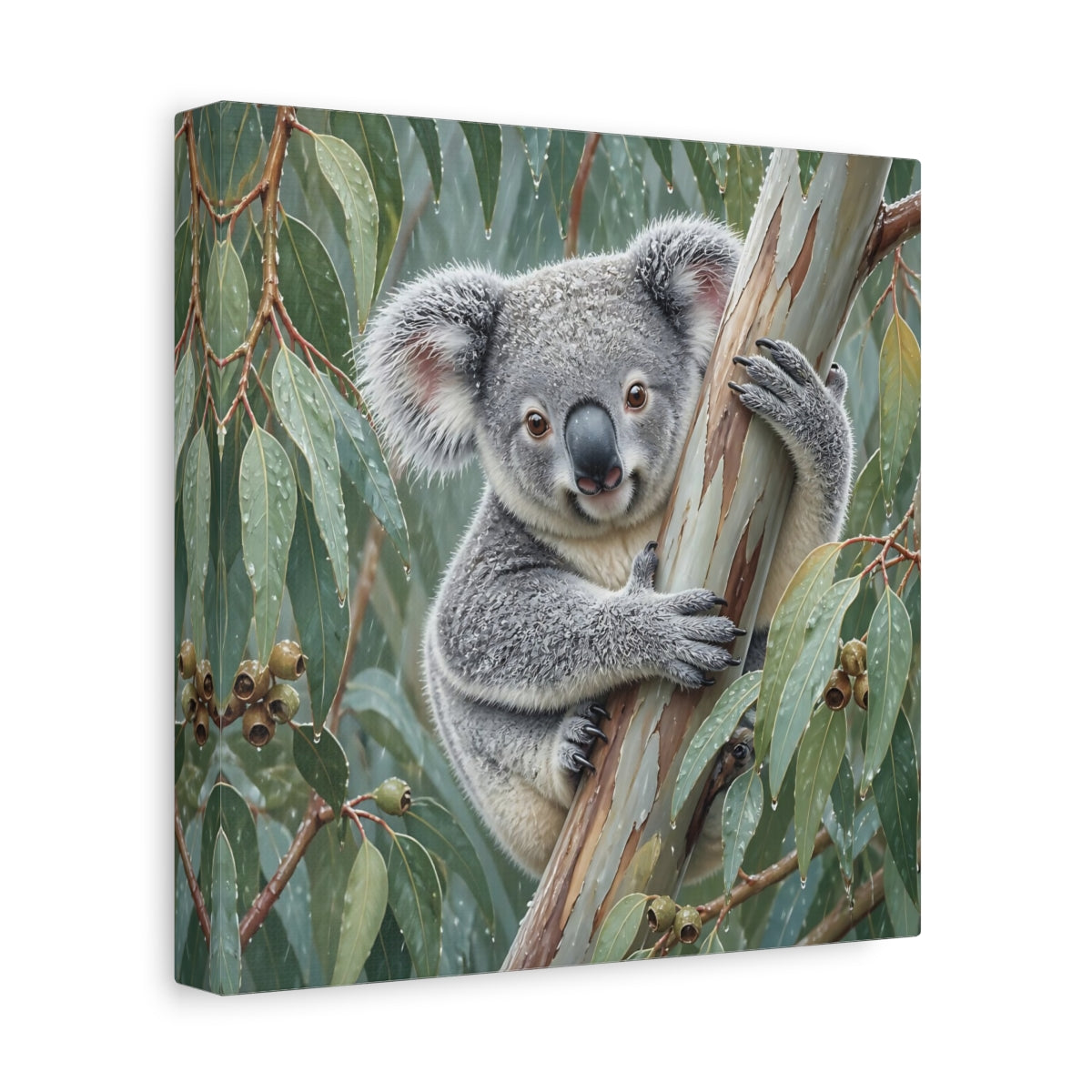 Side Mockup 9. Animal Koala In Rainy Eucalyptus shown as canvas print