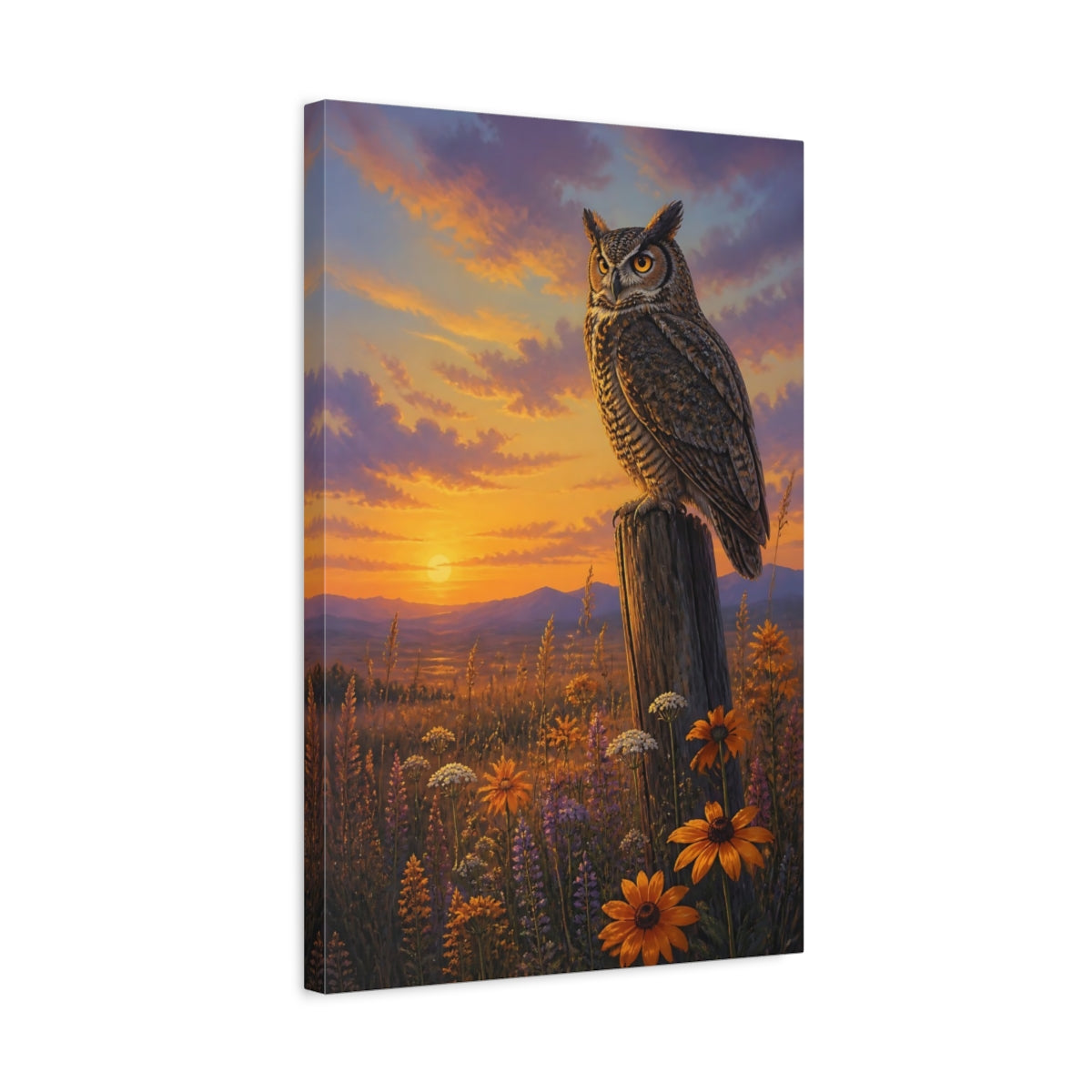 Side Mockup 3. Animals Owl At Golden Dusk shown as canvas print