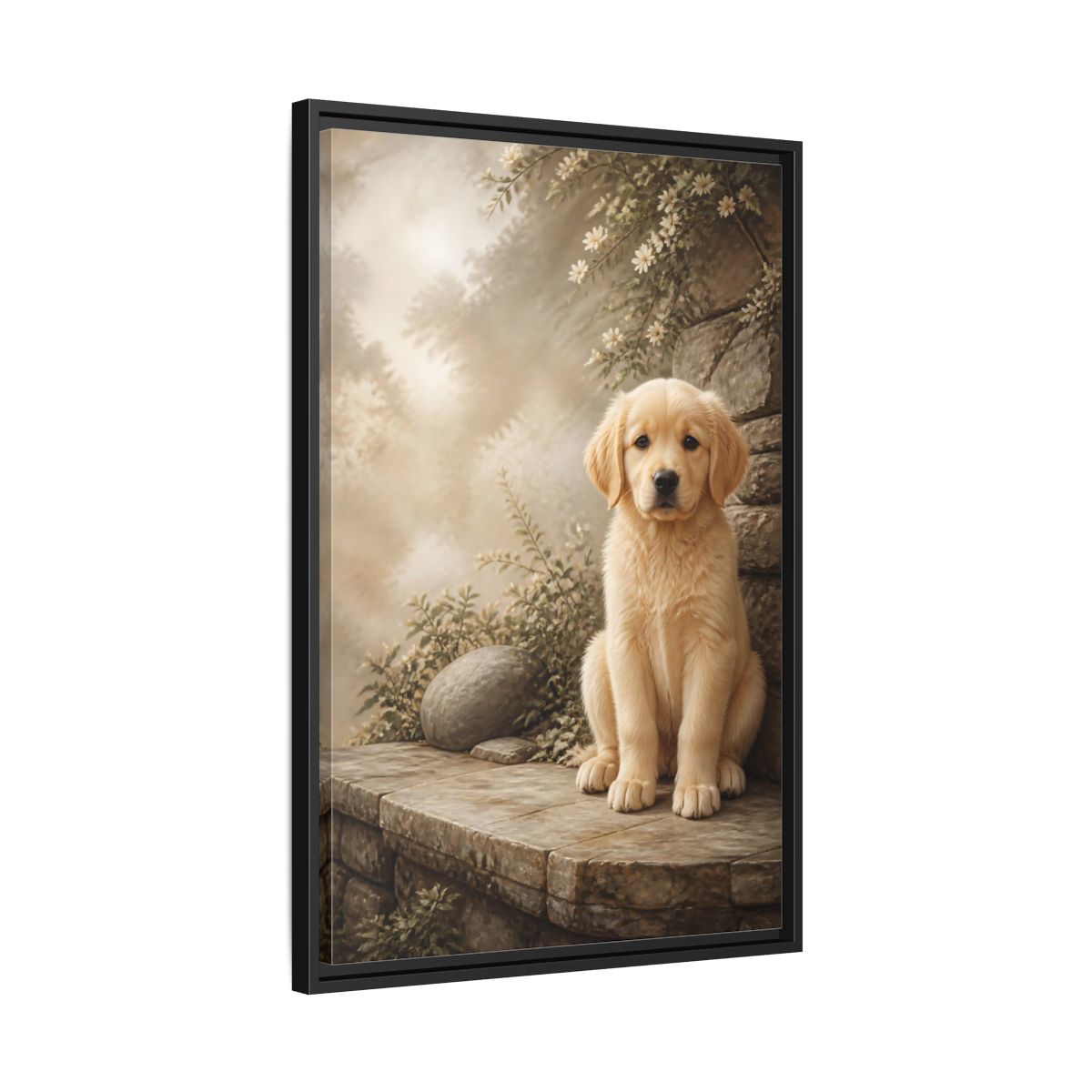 Side Mockup 14. Animals Puppy Golden Puppy shown as stretched canvas wall art