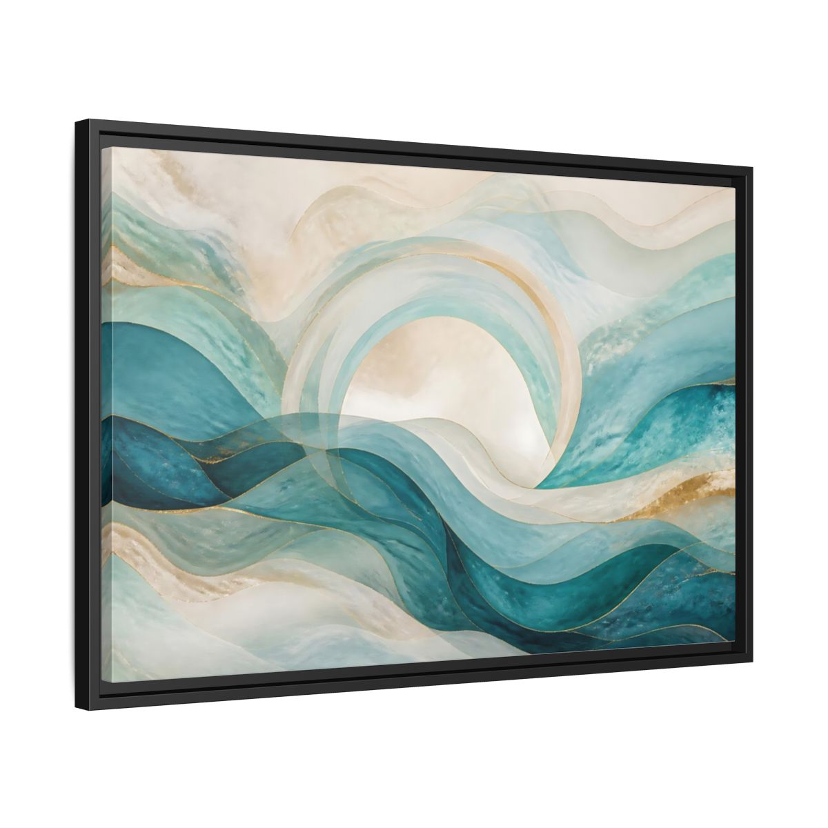 Side Mockup 14. Aqua Flowing Arc shown as framed canvas print
