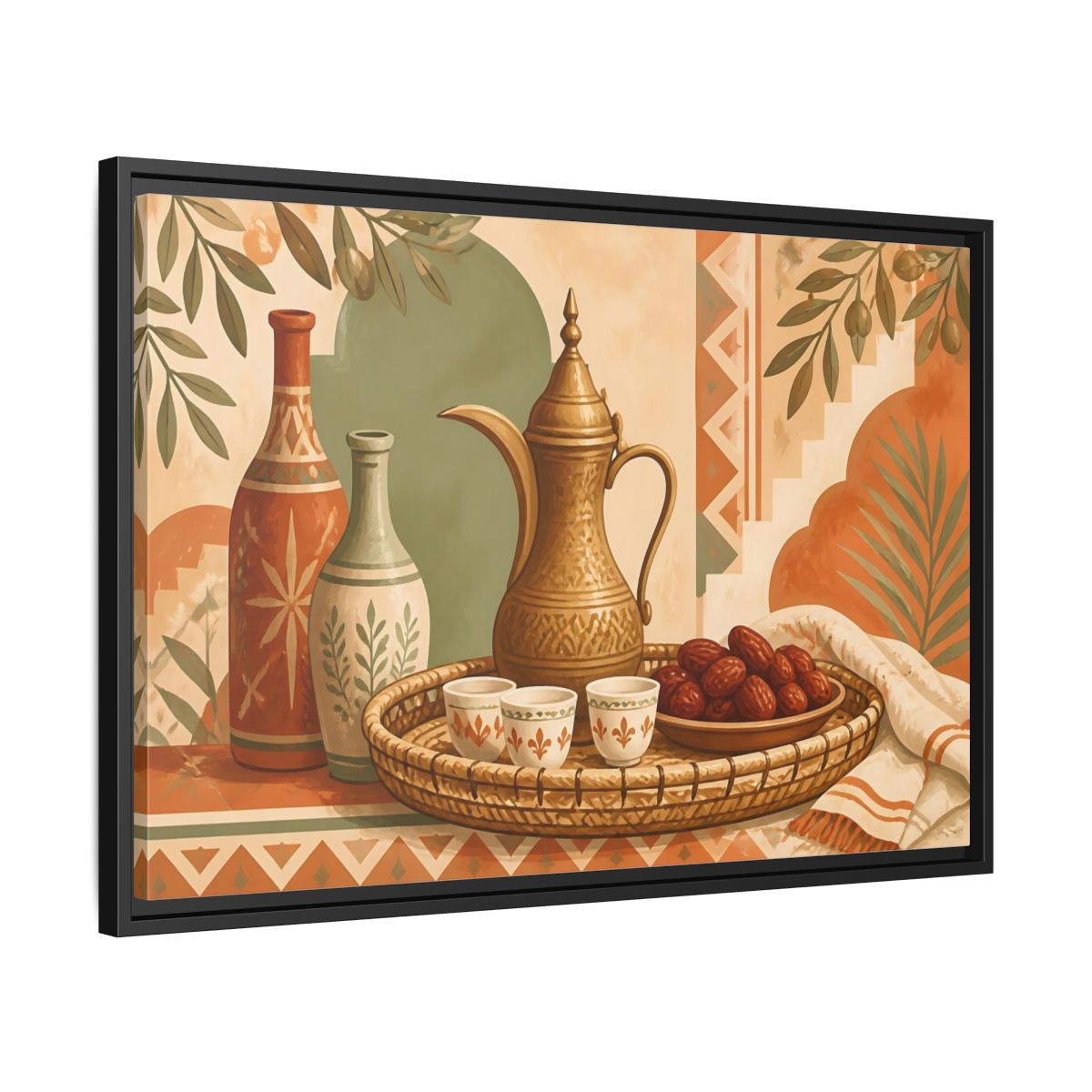 Side Mockup 14. Arabic Coffee And Dates shown as framed canvas print