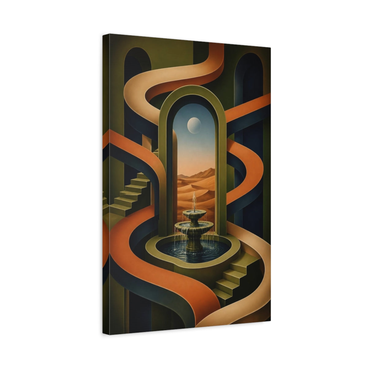 Side Mockup 3. Archway Illusion With Fountain shown as canvas print