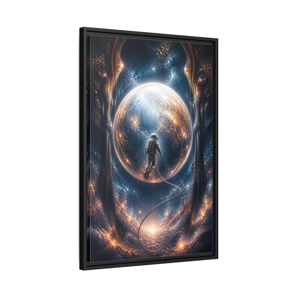 Side Mockup 14. Astronaut Over Luminous Planet shown as framed canvas print