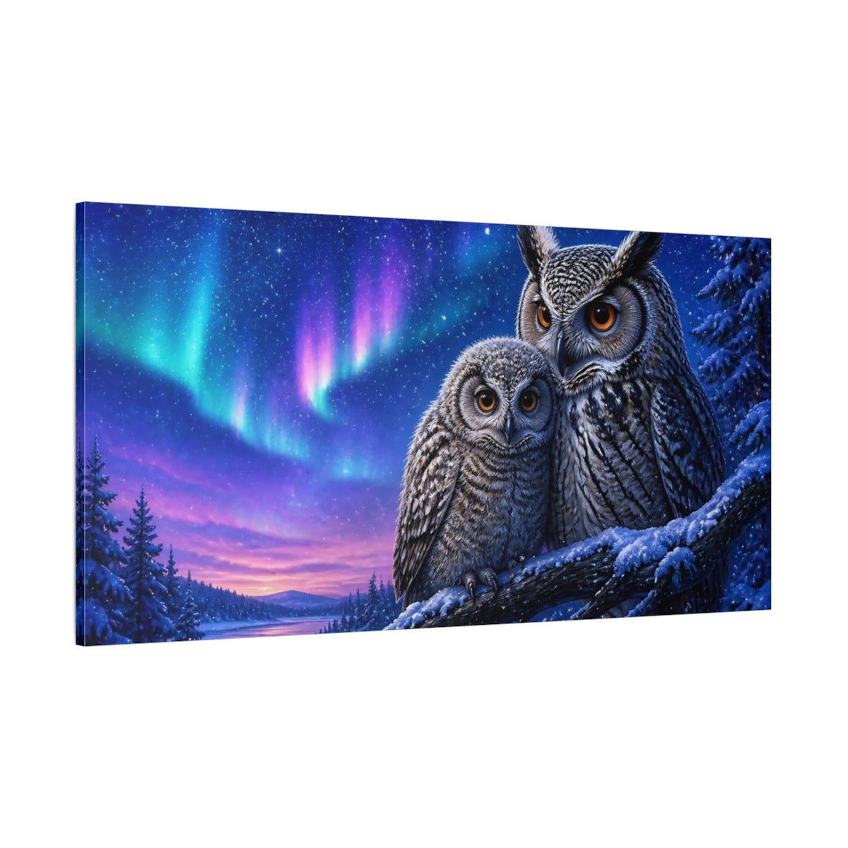 Side Mockup 2. Aurora Night Owls shown as canvas print