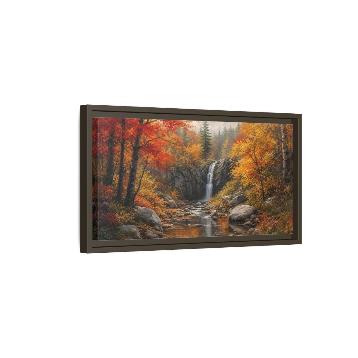 Side Mockup 7. Autumn Forest Waterfall shown as framed canvas print