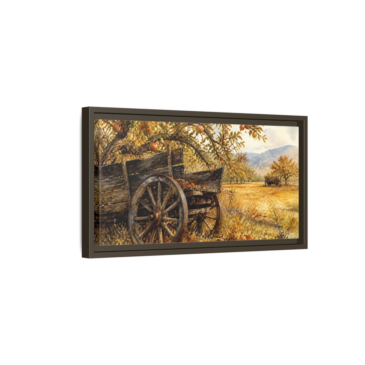 Side Mockup 7. Autumn Orchard Wagon shown as framed canvas print