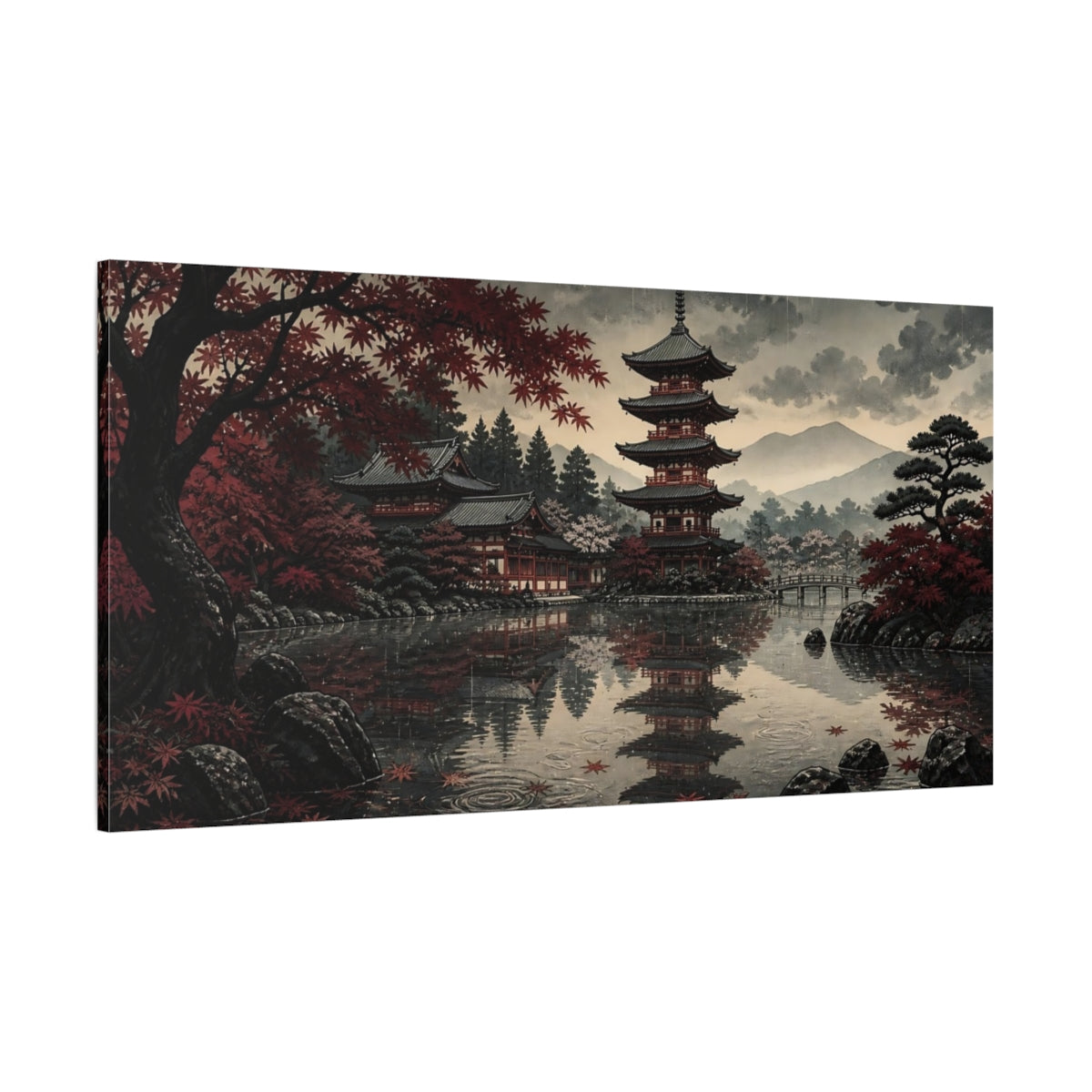Side Mockup 2. Autumn Pagoda Reflection shown as canvas print