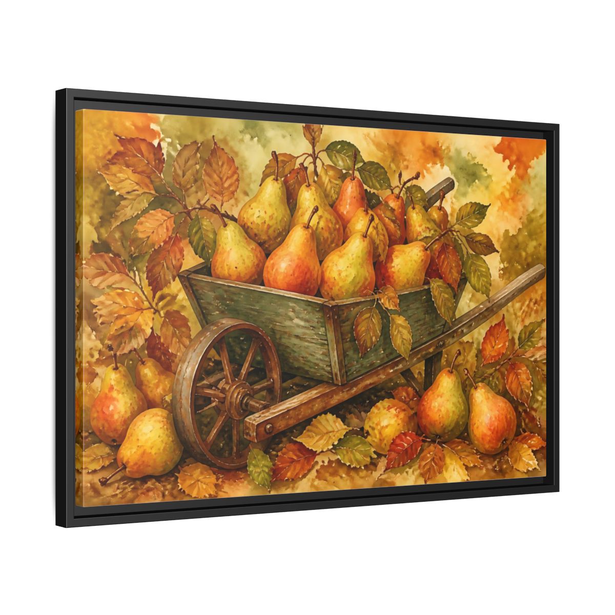 Side Mockup 14. Autumn Pears In Wheelbarrow shown as framed canvas print