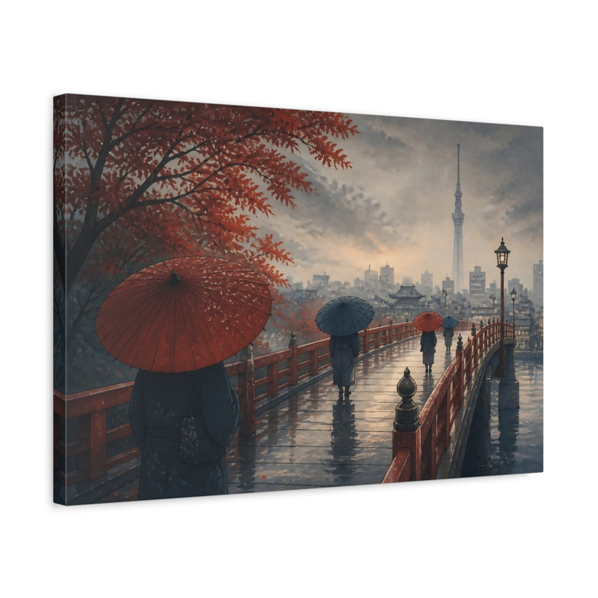 Side Mockup 3. Autumn Umbrellas On Bridge shown as canvas print