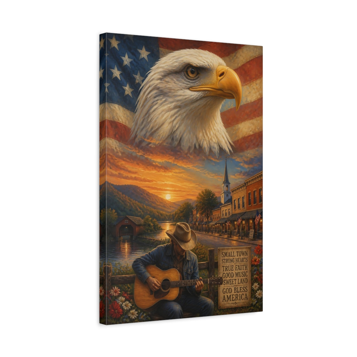 Side Mockup 3. Bald Eagle Over Small Town shown as canvas print