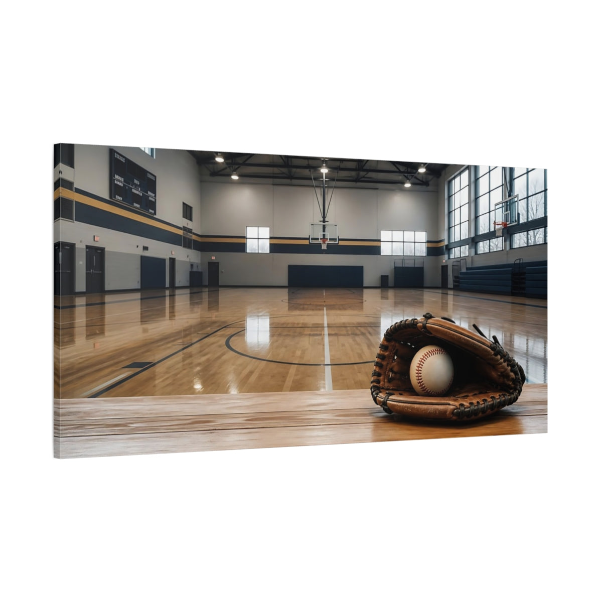 Side Mockup 2. Baseball Glove In Gym shown as canvas print