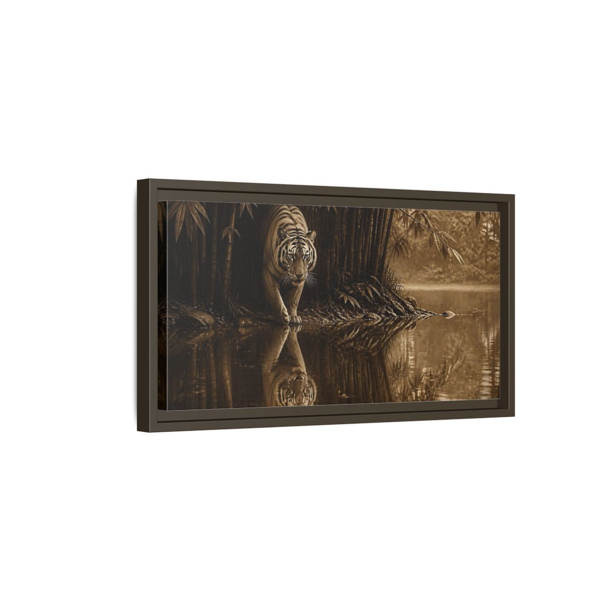 Side Mockup 7. Bengal Tiger By Water shown as framed canvas print