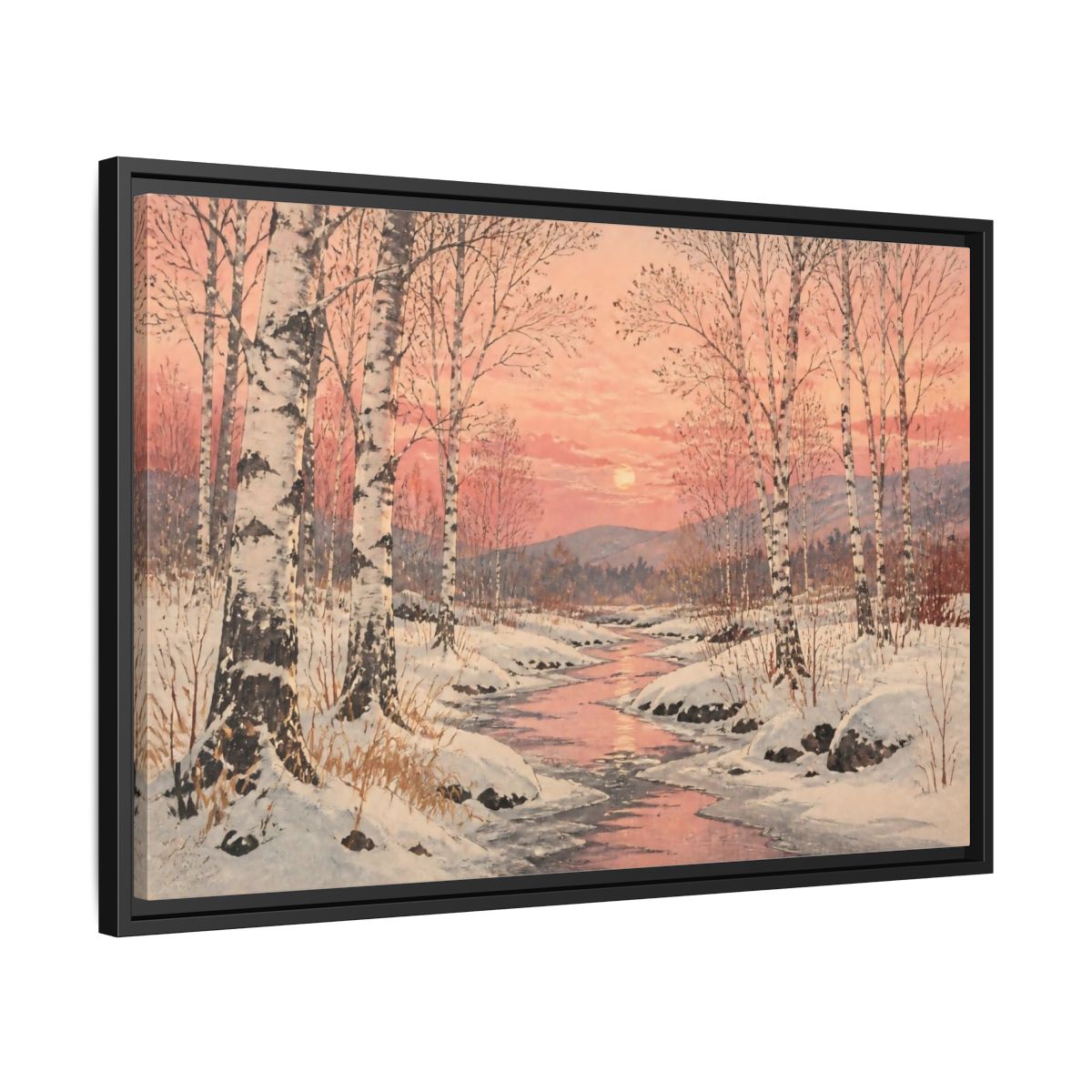 Side Mockup 14. Birch Landscape At Sunset shown as framed canvas print