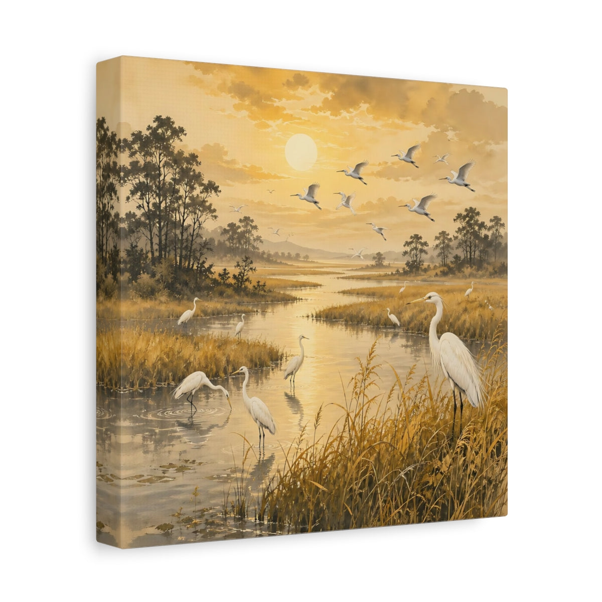 Side Mockup 9. Birds Egrets Golden Wetlands shown as stretched canvas wall art