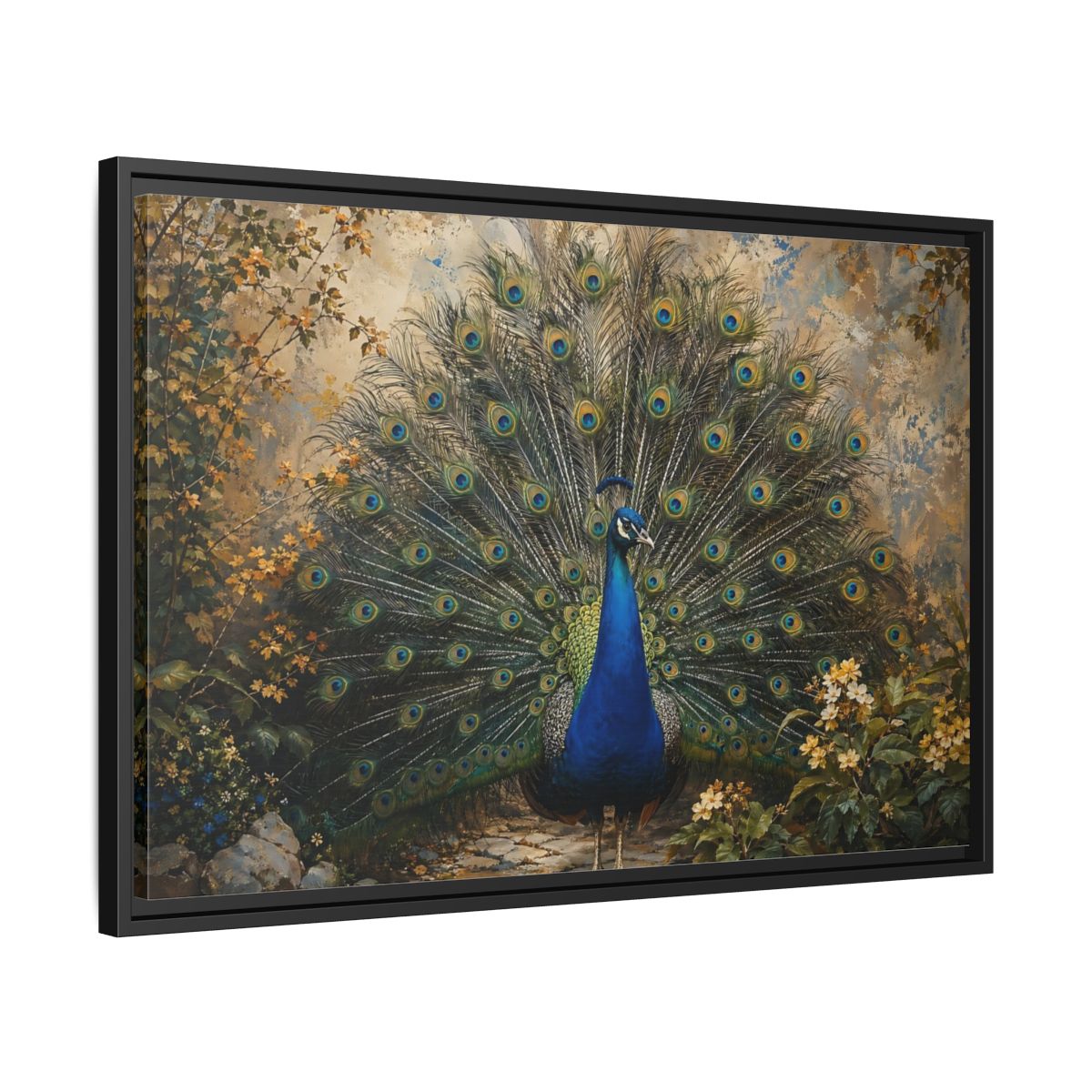Side Mockup 14. Birds Peacock Peacock Blue Gold shown as stretched canvas wall art