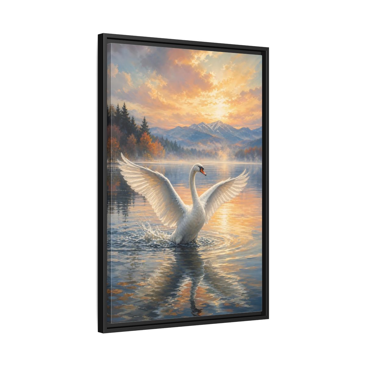 Side Mockup 14. Birds Swan Golden Sunset Swan shown as stretched canvas wall art