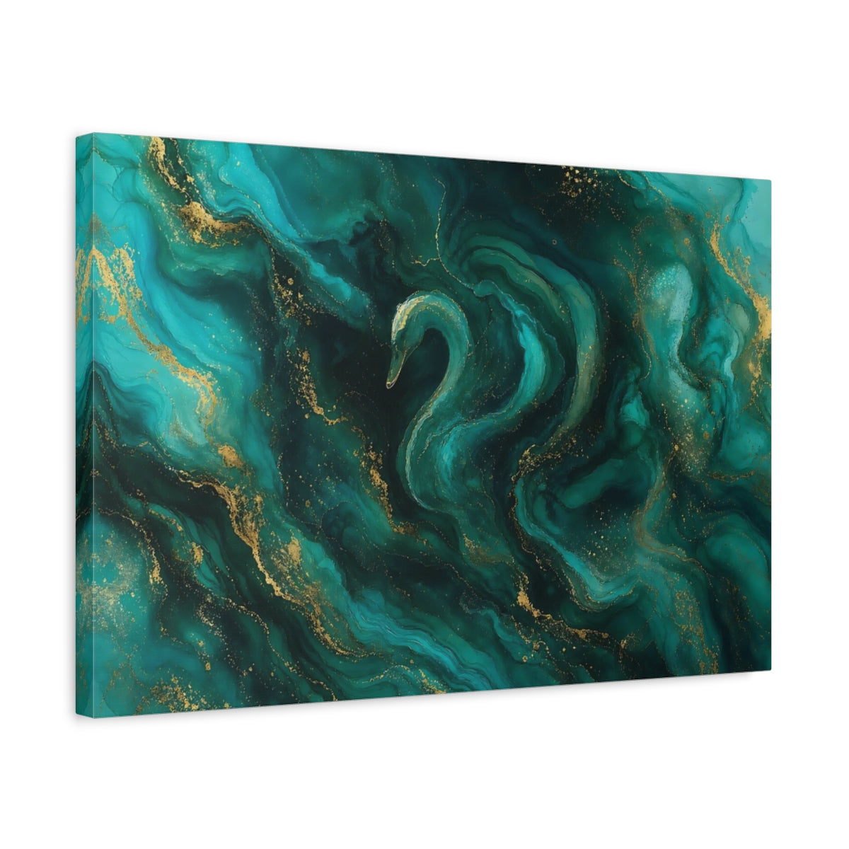 Side Mockup 3. Birds Swan Teal And Gold shown as stretched canvas wall art
