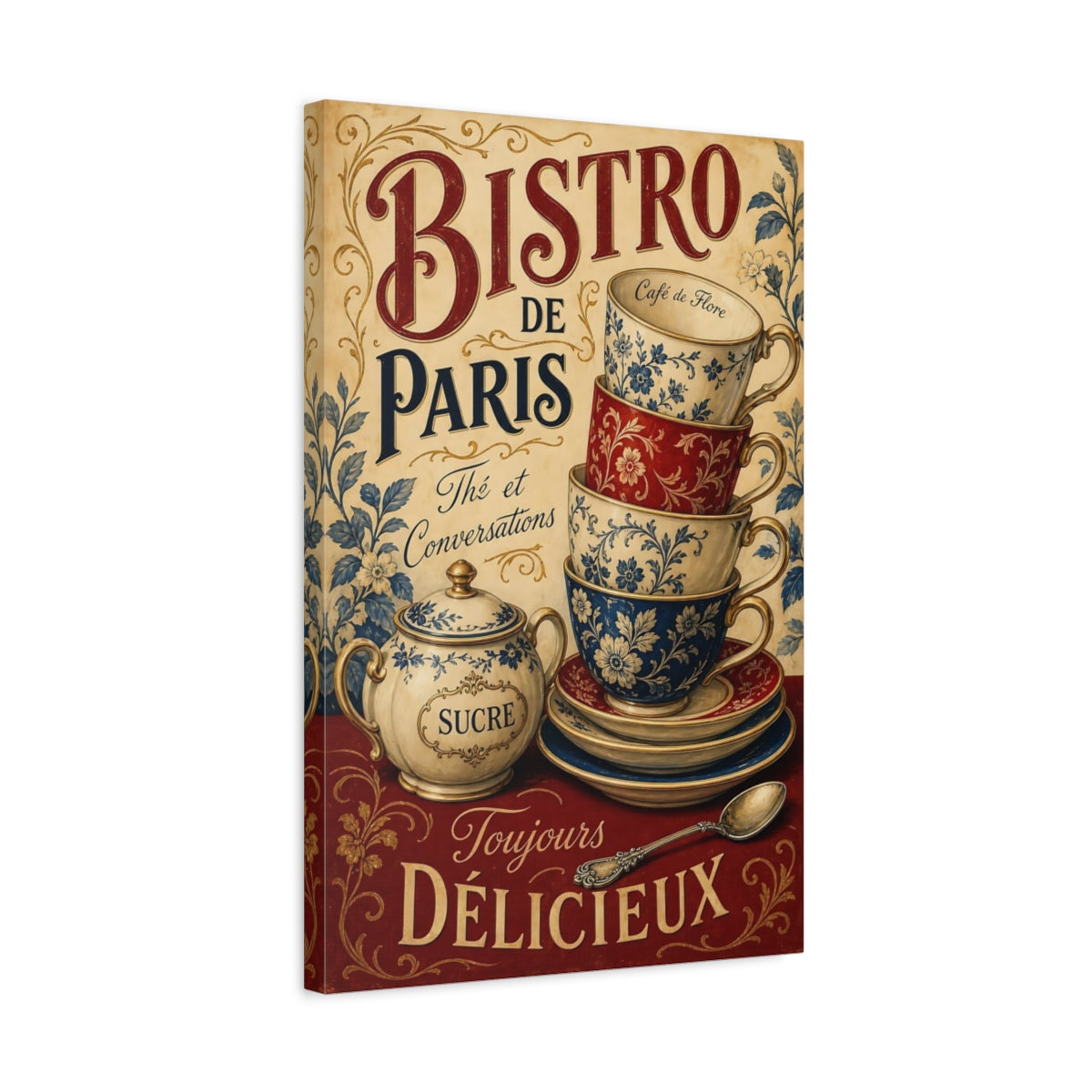 Side Mockup 3. Bistro De Paris Teacups shown as canvas print